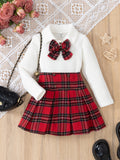 autumn cross-border girls' preppy bow top + plaid a-line skirt two-piece set