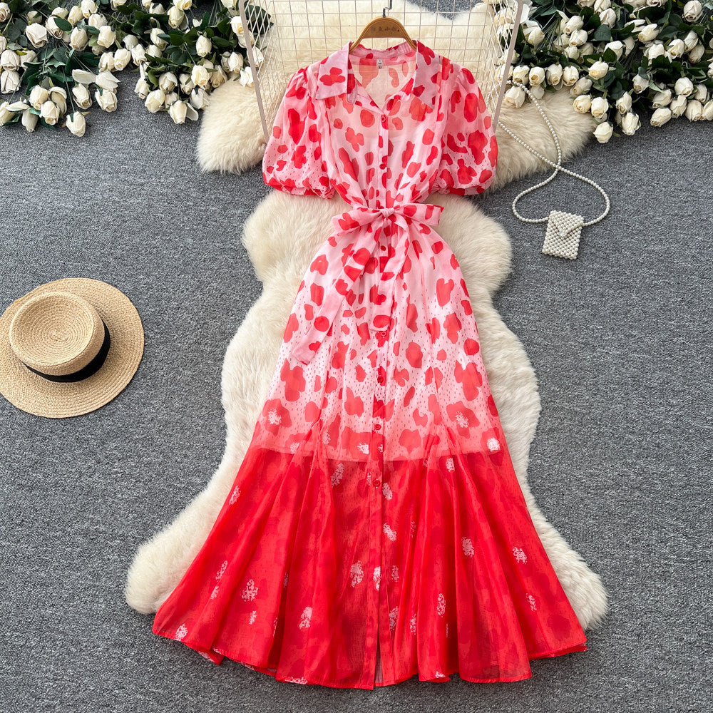 K-style lapel leopard print dress women's summer puff sleeves waist tie back a-line skirt elegant shirt skirt