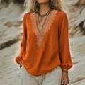 Ethnic style printinglong sleeves t-shirt deep v neck exquisite printing lantern sleeves relaxed vacation style orange loose shirt