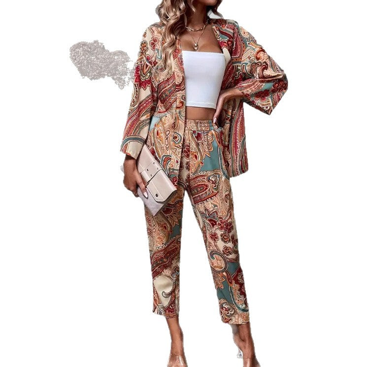 European and American   printed cardigan set women's long sleeves