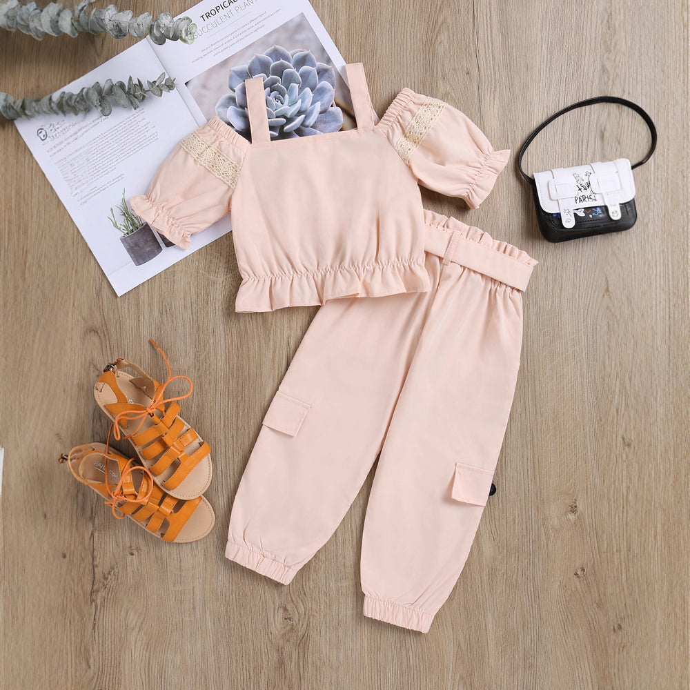 girls' summer woven cami top, off-the-shoulder, frosted button-down three-piece set with belt - toddler & little girl outfit - cross-border e-commerce