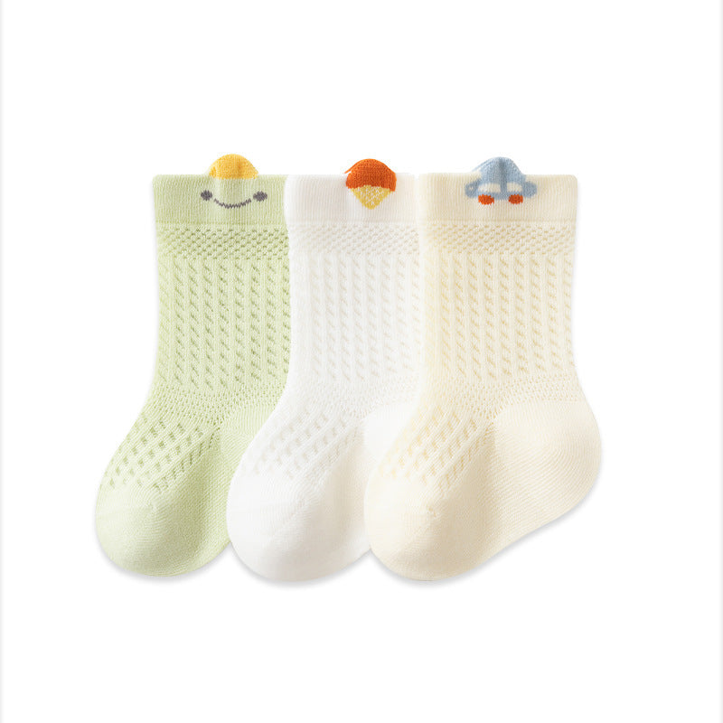 Babylon children's mid-calf socks - summer combed cotton mesh breathable baby socks - cartoon smiley face seamless socks, class a