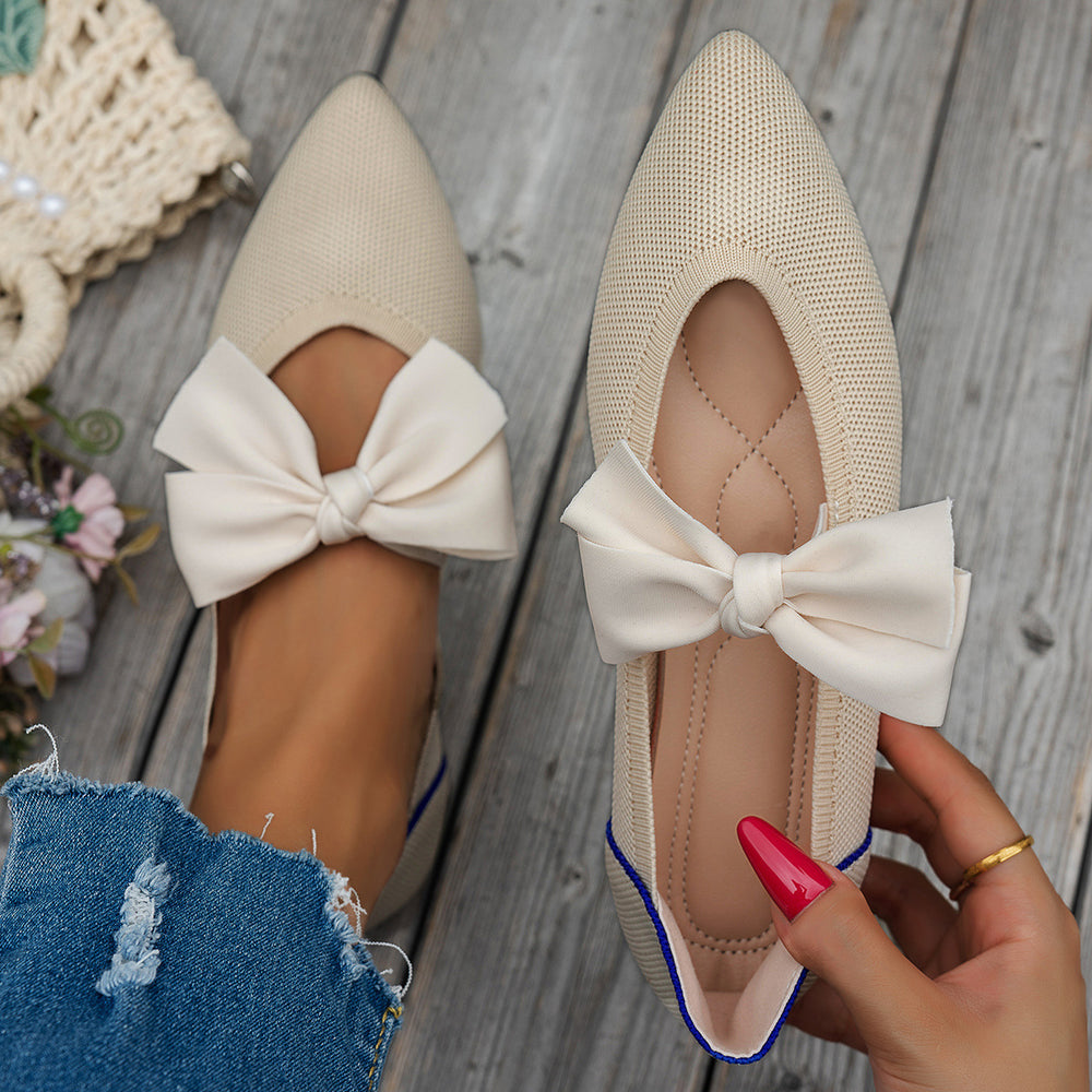 new spring/autumn pointed-toe bowknot embellished everyday flyknit plus size loafers, moccasin-style flat shoes