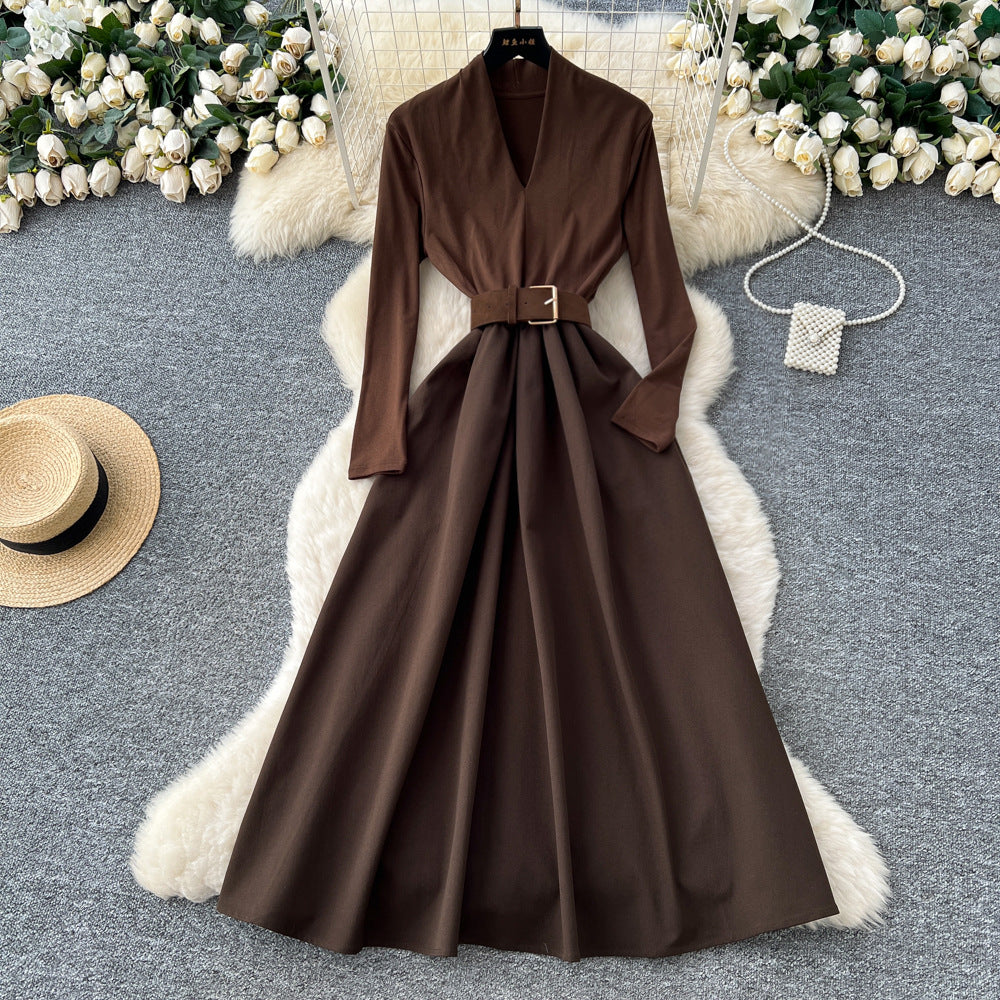 French chic mature woman's high-end v-neck long sleeve patchwork tie-waist dress - elegant inner layer maxi dress