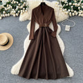 French chic mature woman's high-end v-neck long sleeve patchwork tie-waist dress - elegant inner layer maxi dress
