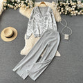 Trendy and chic two-piece set for women: autumn print long sleeve knit cardigan top and high-waisted straight-leg pants