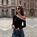 export women's clothing: ins european and american trendy style asymmetrical neck t-shirt, spring/summer unique design, niche off-shoulder top