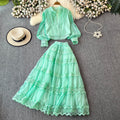 autumn socialite style lantern sleeve long-sleeve hollow-out lace patchwork blouse + a-line midi skirt set dress for women