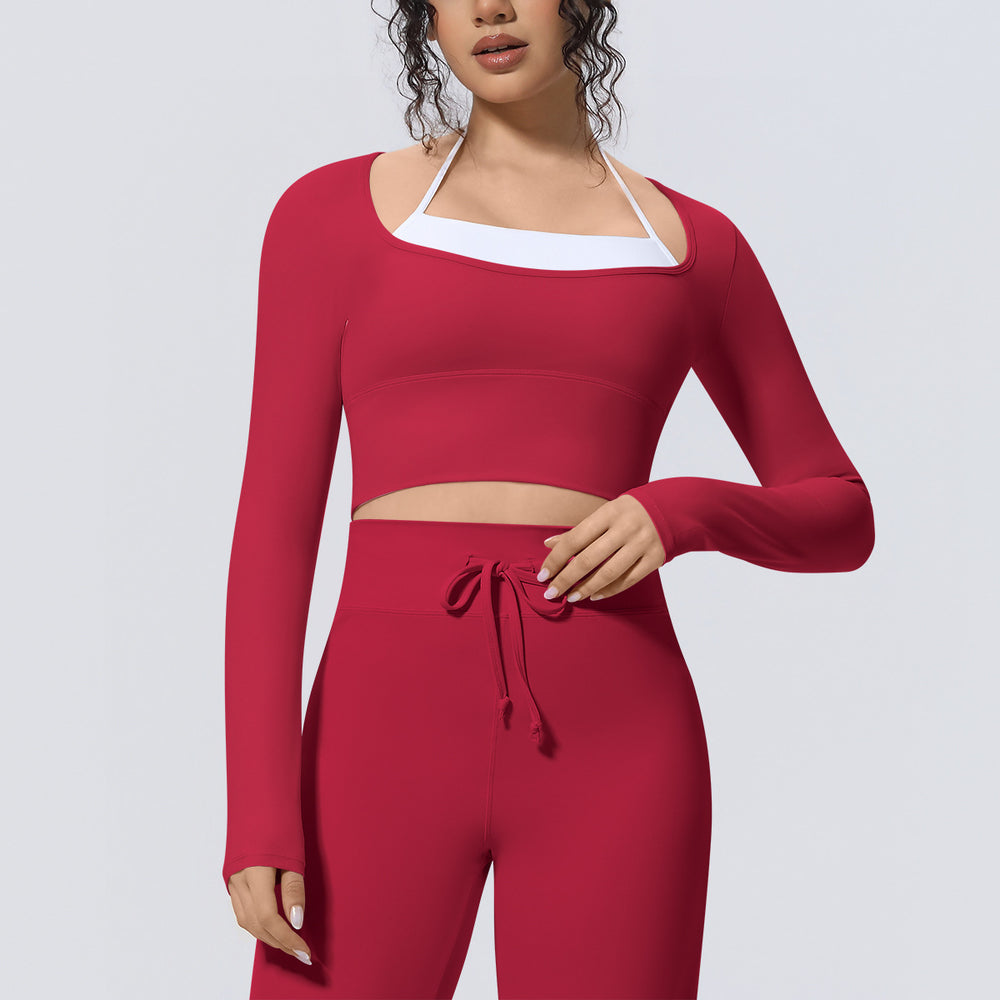 Naked-feel, form-fitting, quick-dry yoga top. faux two-piece design with built-in bra pads. long-sleeved athletic top for pilates, training, and fitness. women's