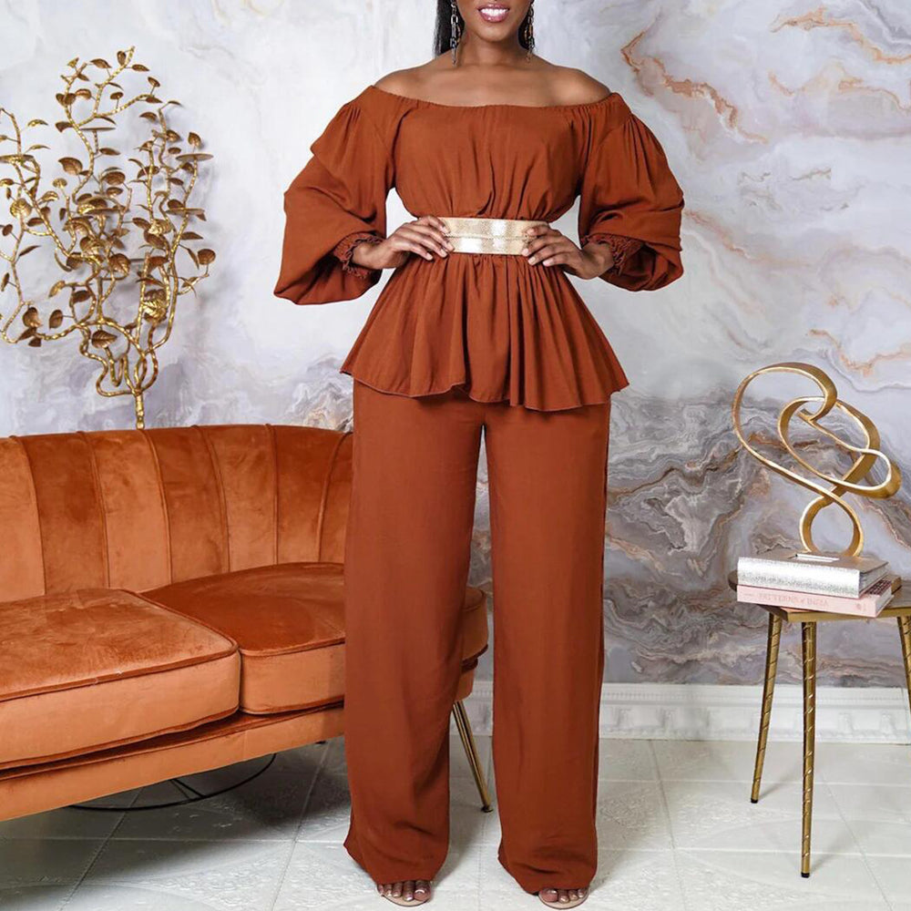 C8535p with belt cross-border women's clothing  one-piece collar long-sleeved top loose wide-leg pants european and american suit