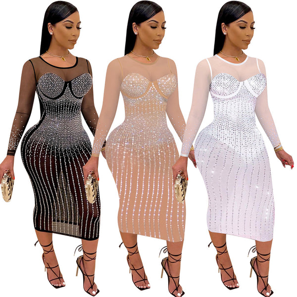 VK2198 diamond-set, long-sleeved dress, nightclub clothes.