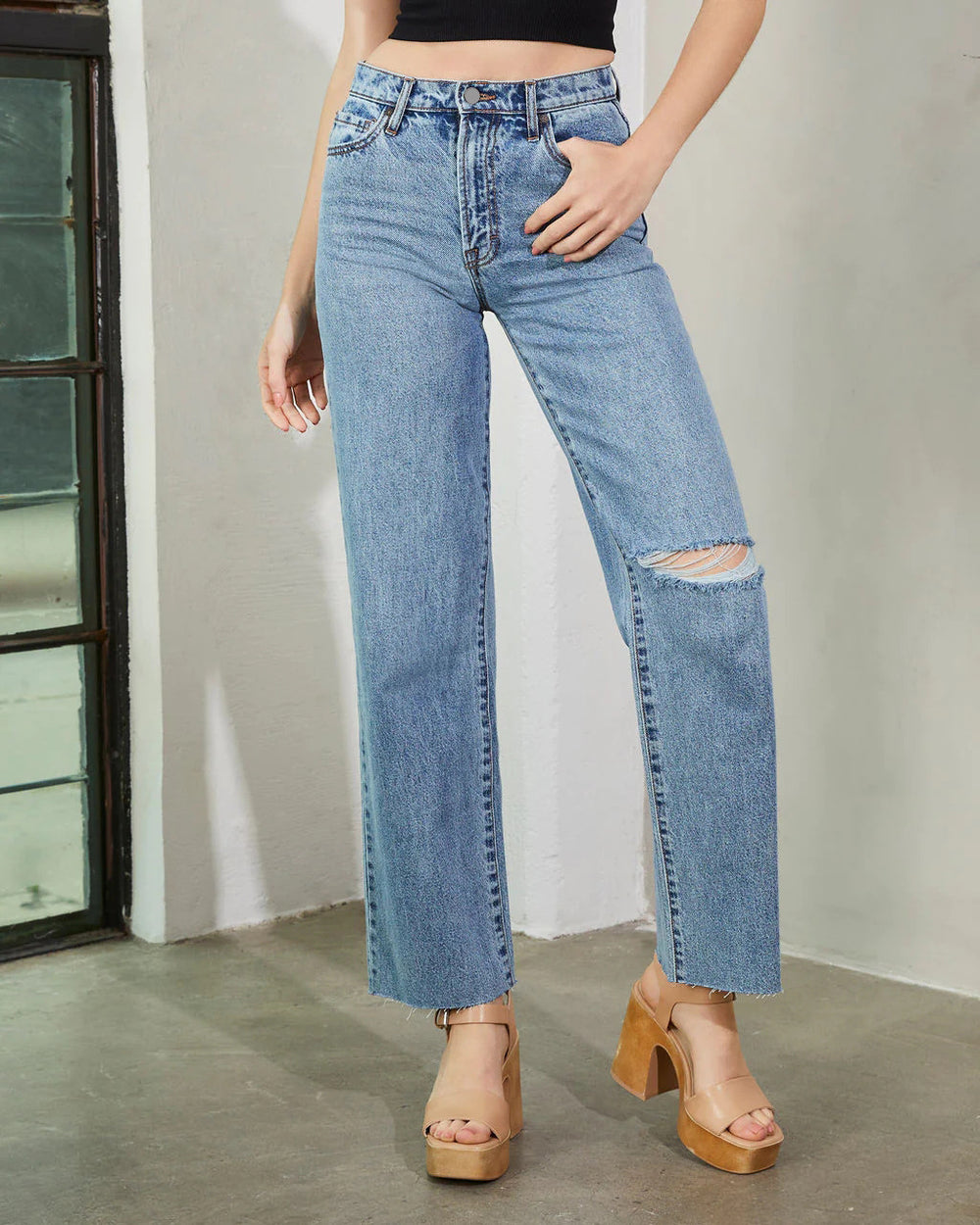 Fashion ripped jeans women's new independent station ripped raw edge wide leg pants high waist washed jeans