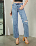 Fashion ripped jeans women's new independent station ripped raw edge wide leg pants high waist washed jeans