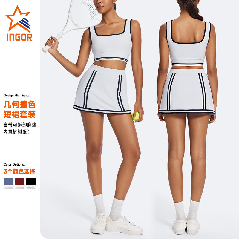 New color block active skort - anti-exposure tennis skirt, running, fitness, yoga skirt with built-in bra - tennis outfit set
