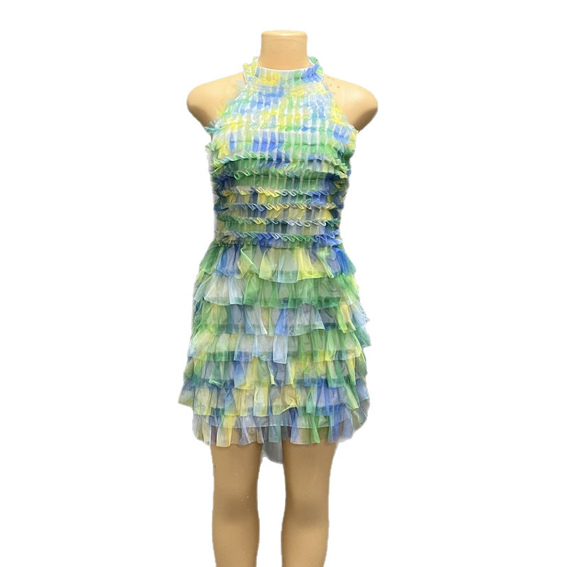 Printing mesh gradient color discount lace multi-layer cake halter waist short skirt sexybacklessfashion skirt