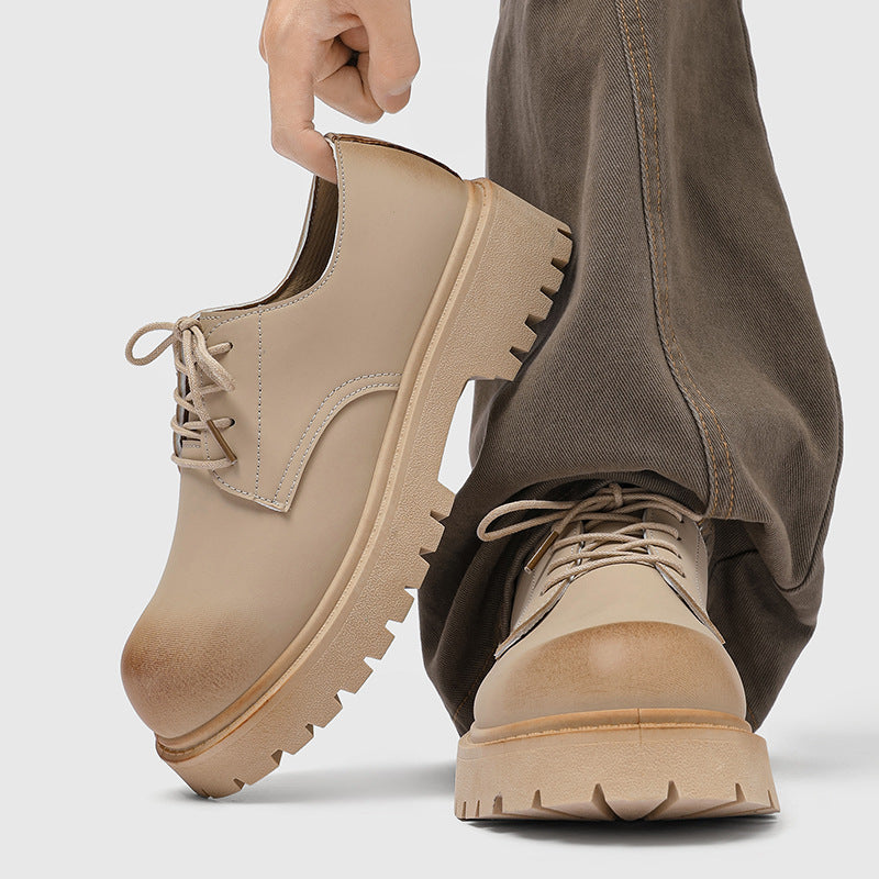 Derby shoes 2026 new spring low ankle boots men's retro workwear shoes thick sole heightened mickey casual leather shoes