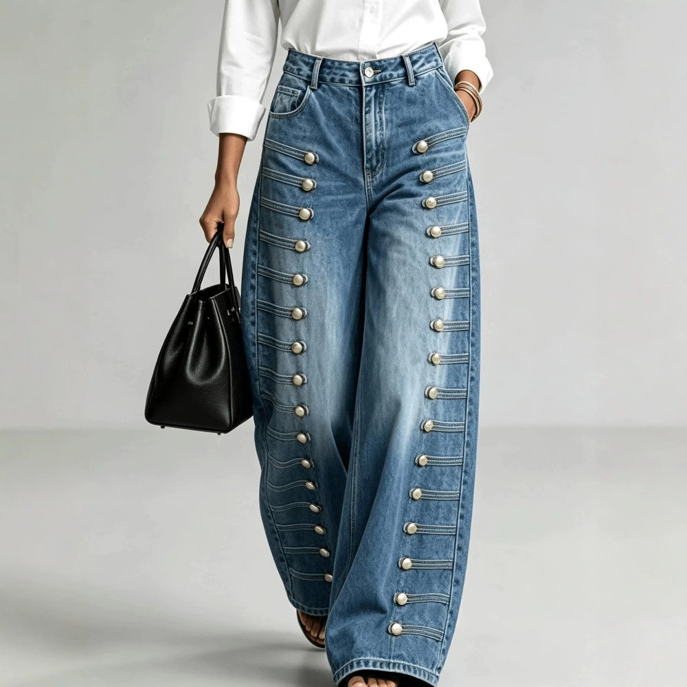 Fashionjeans women's side multi-breasted sense of design loose pants washed blue loosedrapedmop denim pants