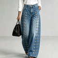 Fashionjeans women's side multi-breasted sense of design loose pants washed blue loosedrapedmop denim pants
