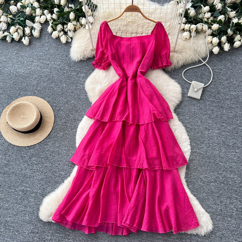 French holiday style puff sleeve square neck dress women's summer pleated waist slimming look layered ruffles cake skirt