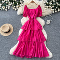French holiday style puff sleeve square neck dress women's summer pleated waist slimming look layered ruffles cake skirt