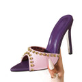 Luxury-style purple studded heeled mules - women's summer pointed-toe stiletto fashion slippers
