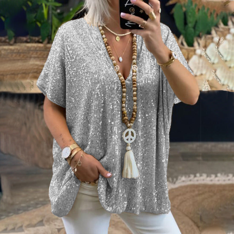 new european and american  style short-sleeve urban casual loose fit pullover sequin v-neck t-shirt top for women