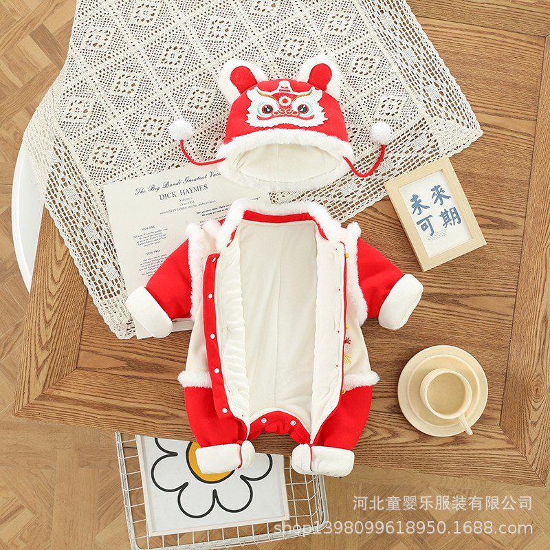 Baby new year's quilted thickened romper winter jumpsuit newborn chinese style full month celebration outfit