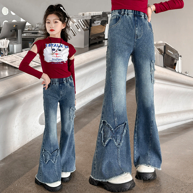 Korean girl's jeans - spring/autumn style, trendy & stylish flare pants for girls, popular kids' denim