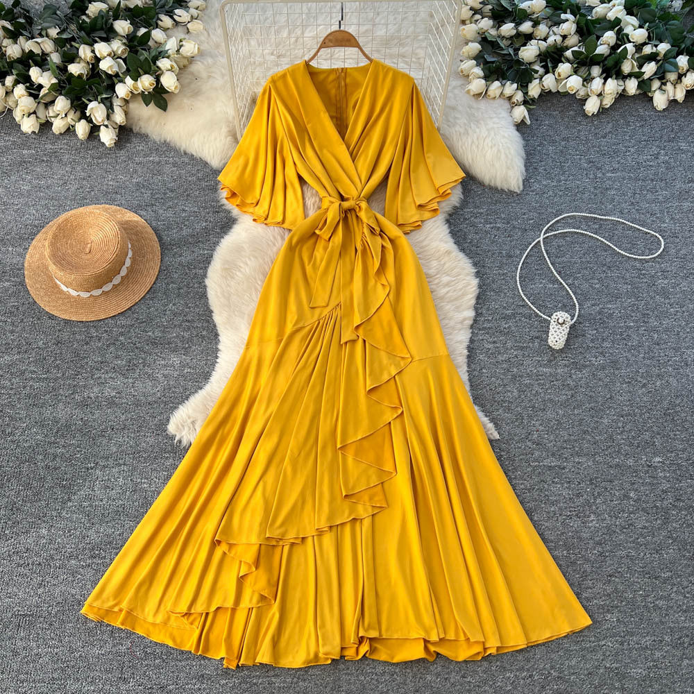 Elegant accessible luxuryclassydressniche stylefrenchfashionv neck bell sleeves tie waist asymmetrical long skirt
