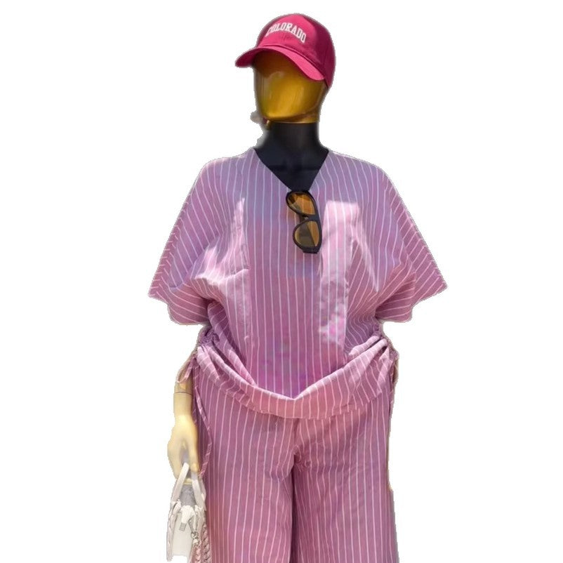 European and american cross-border women's clothing  summer new collection: sweet and fresh v-neck loose drawstring top and wide-leg pants set