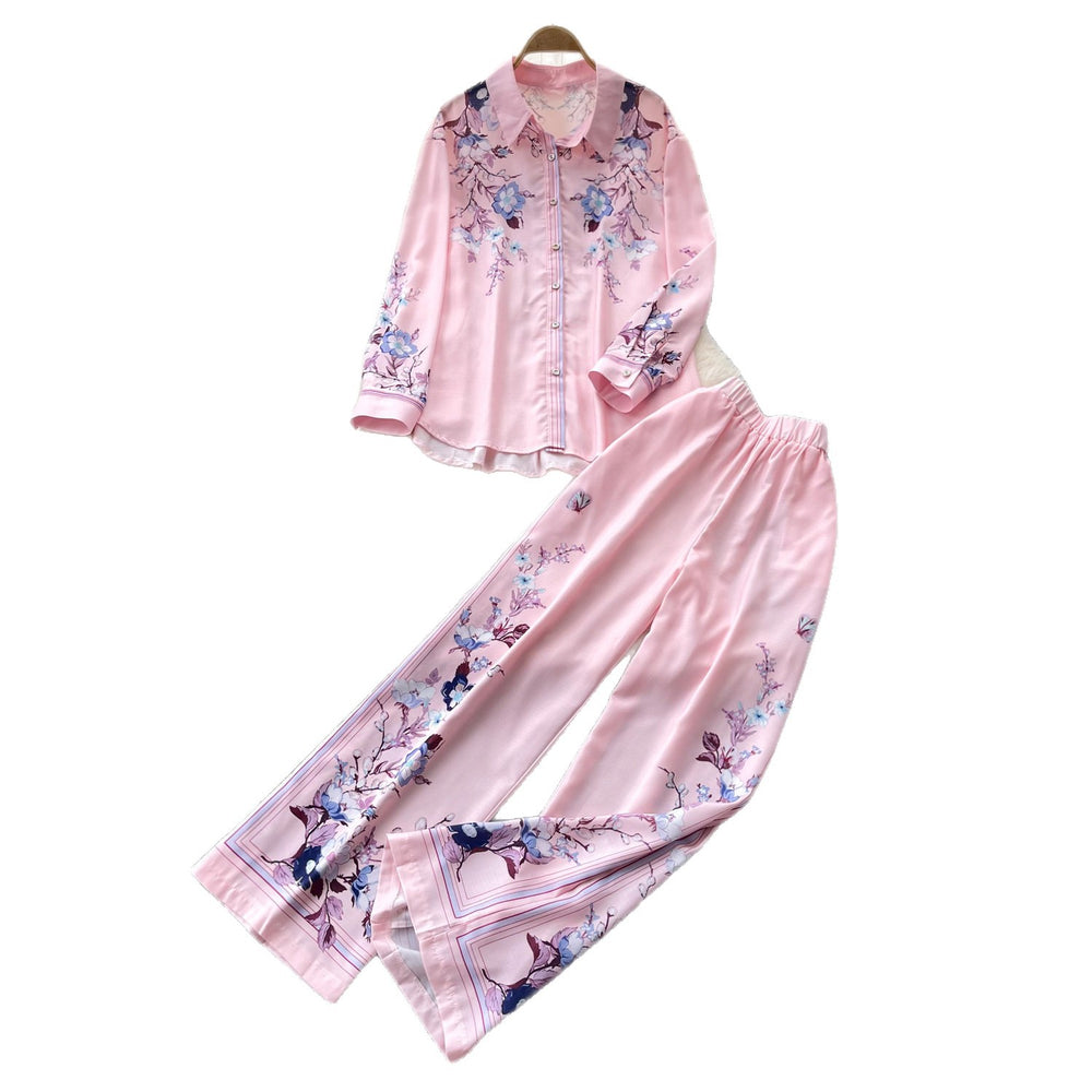 Light mature style printed cardigan wide-leg pants two-piece set for women autumwork clothingcasualslimming lookeasiest for matchsuit