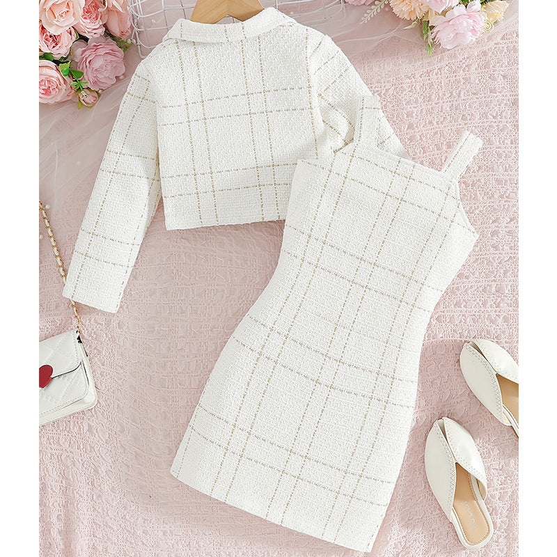 European style tweed girl's camisole set - turn-down collar long sleeve jacket & plaid autumn french two-piece dress