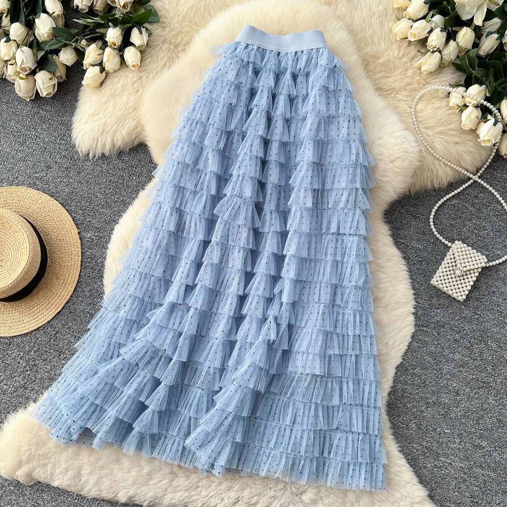 Fairy style high waist mesh patchwork cake skirt for women spring layered fluffy skirt slimming lookeasiest for matcha-line long skirt