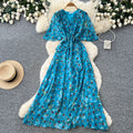 French country style blue floral short-sleeve dress - women's summer v-neck korean style fitted waist elegant maxi dress