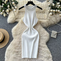 Korean style sleeveless beaded round neck dress - women's summer high waist slim fit bodycon a-line skirt - commute outfit