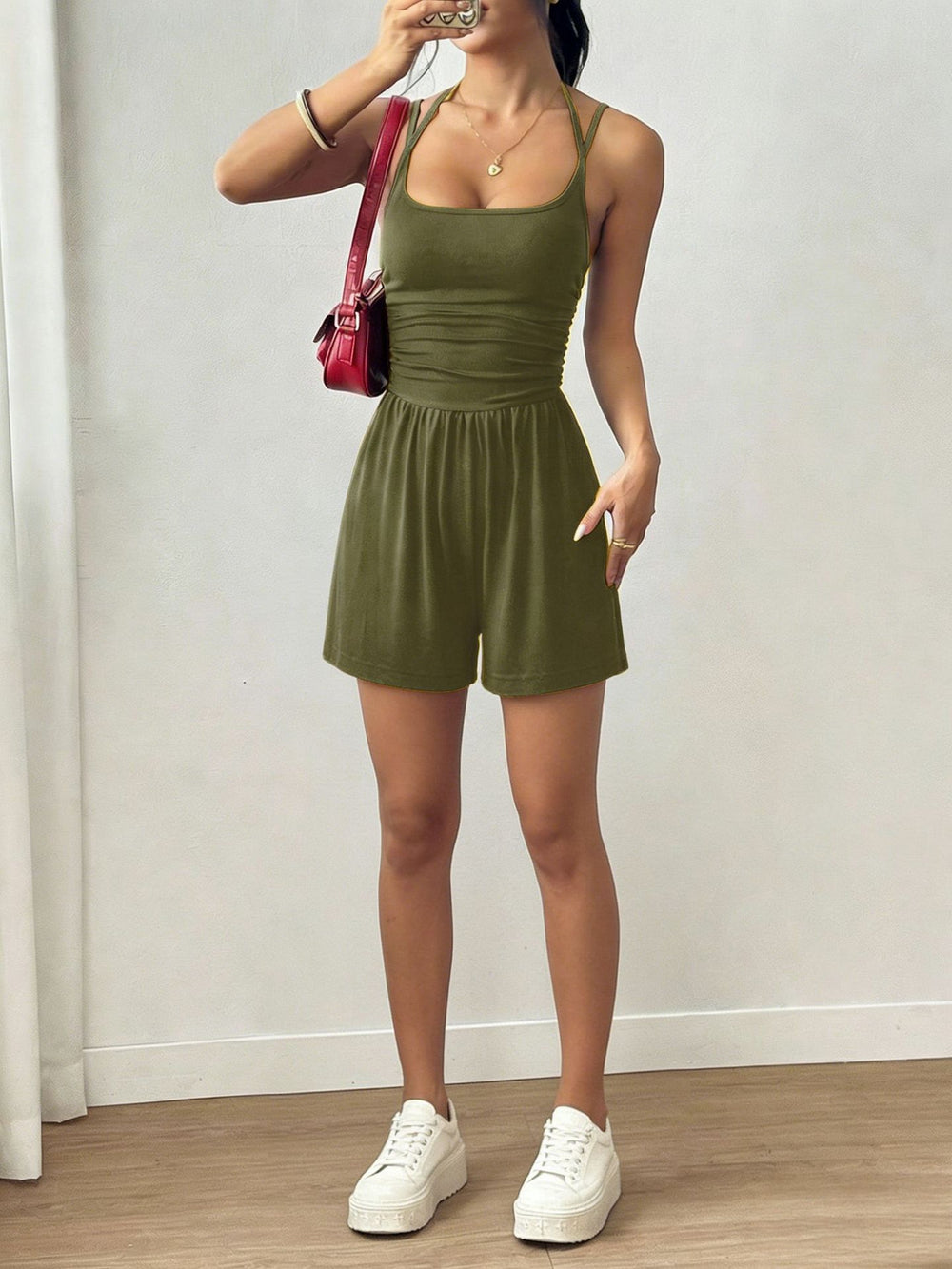 Amazon fashion cross-border  summer new style suspender women's casual chest wrap jumpsuit shorts wide leg loose