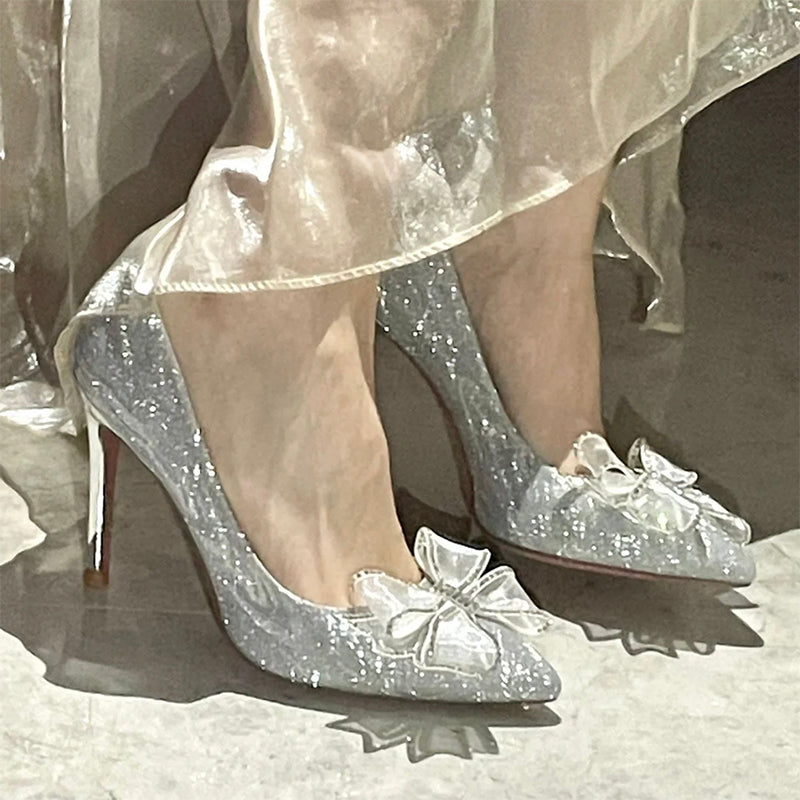 French high heels women's 2025 spring/autumn new rhinestone bow crystal wedding shoes elegant socialite stiletto heels