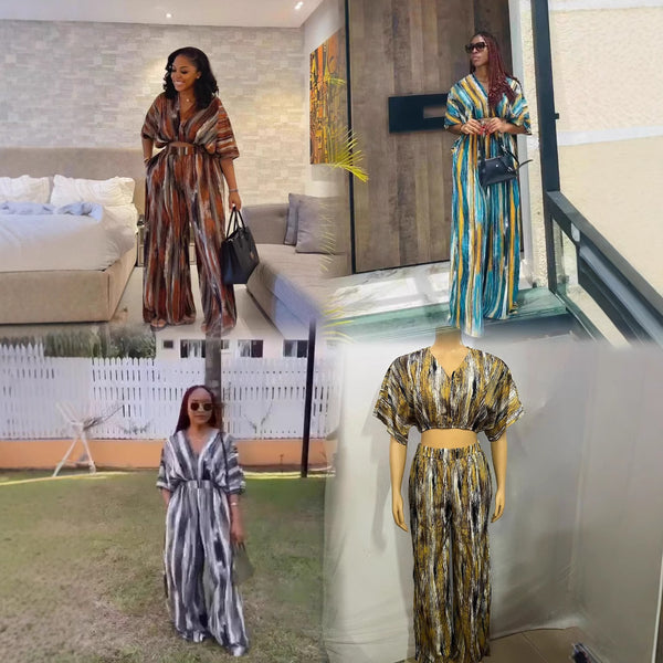 Summer European and American  hot sale irregular striped printing V-neck short-sleeved wide-leg pants set  source wholesale