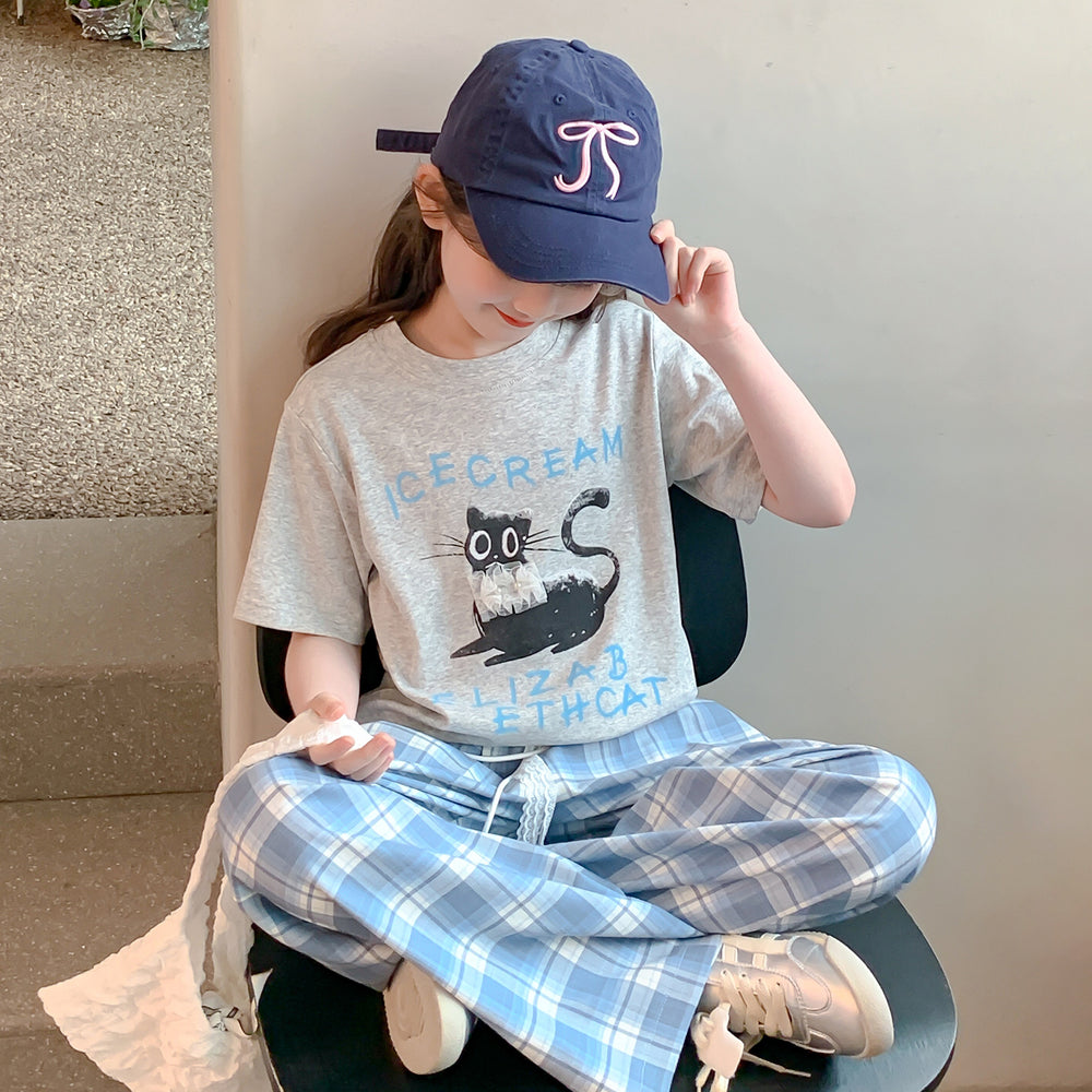 New girls' two-piece outfit: lightweight short-sleeve t-shirt set for summer  - stylish and casual for older girls