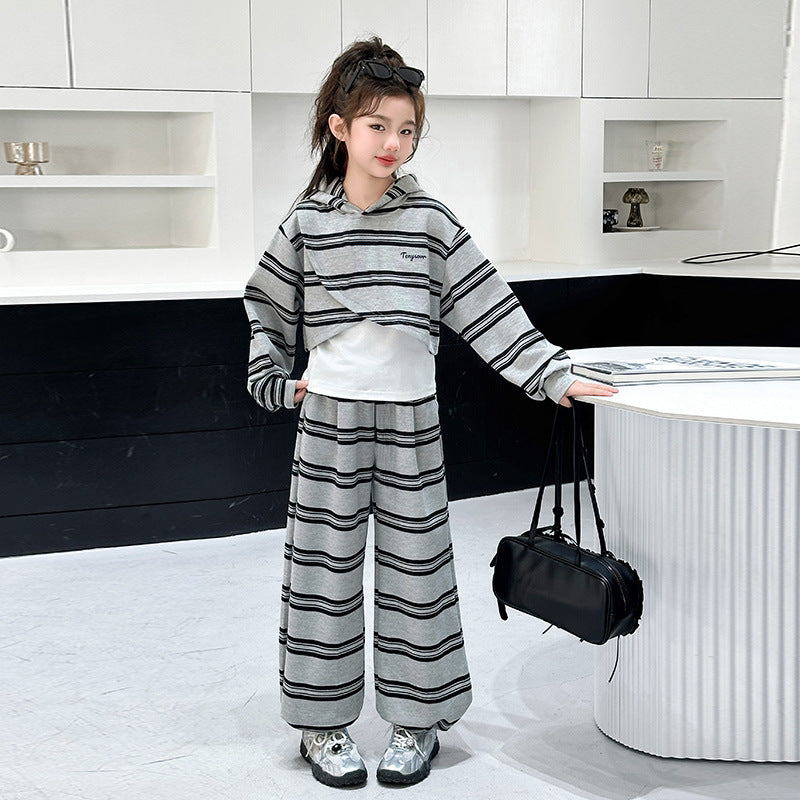 Girls' spring/autumn striped outfit -  new style - trendy hooded sweatshirt and pants set for girls (sizes for mid-to-large children)
