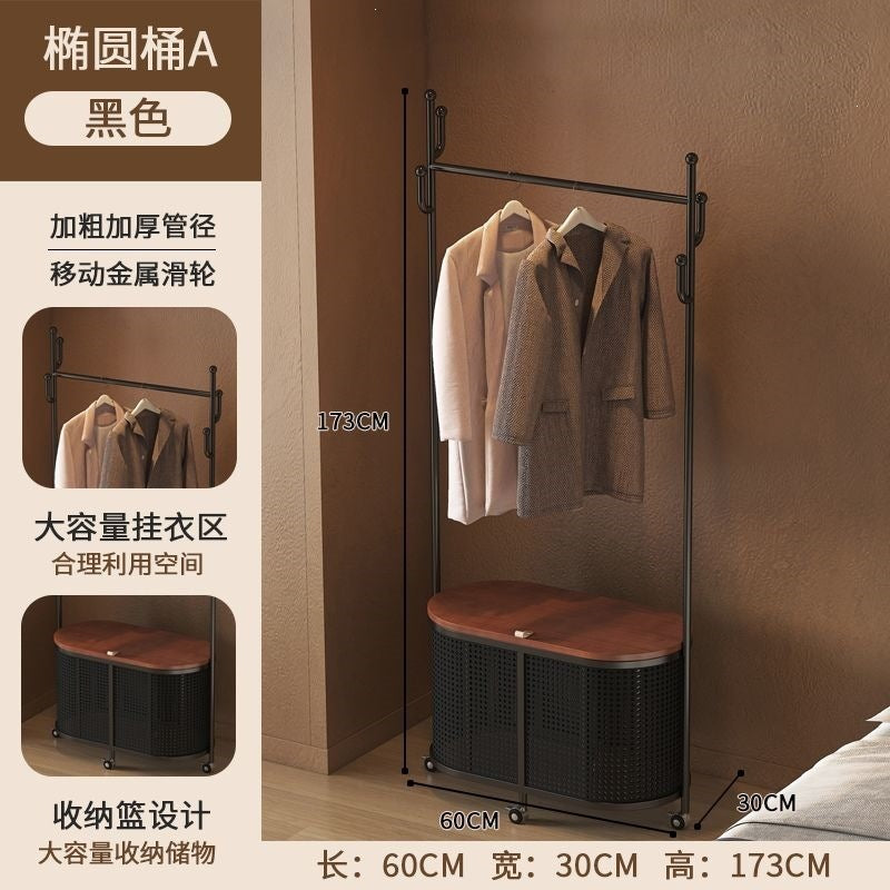 Bedroom floor-standing secondary net clothes hanger, small clothes hanger with dirty clothes basket, movable coat rack, round frame black