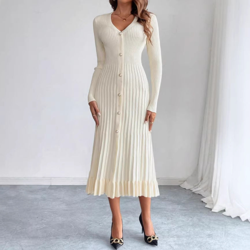 autumn new arrival slimming waist retro base layer dress with button collar knitted elegant women's mesh dress