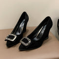 2025 versatile autumn high-heeled work shoes, size 43, fashionable rhinestone new women's shoes, pointed-toe black wedge heel pumps