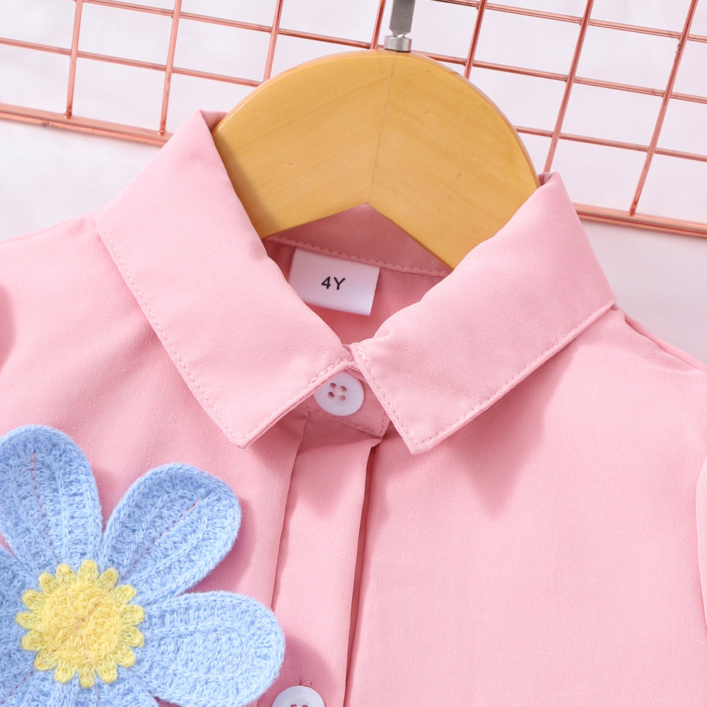 Girls' (toddler) dress, collared solid color dress with 3d floral appliqué