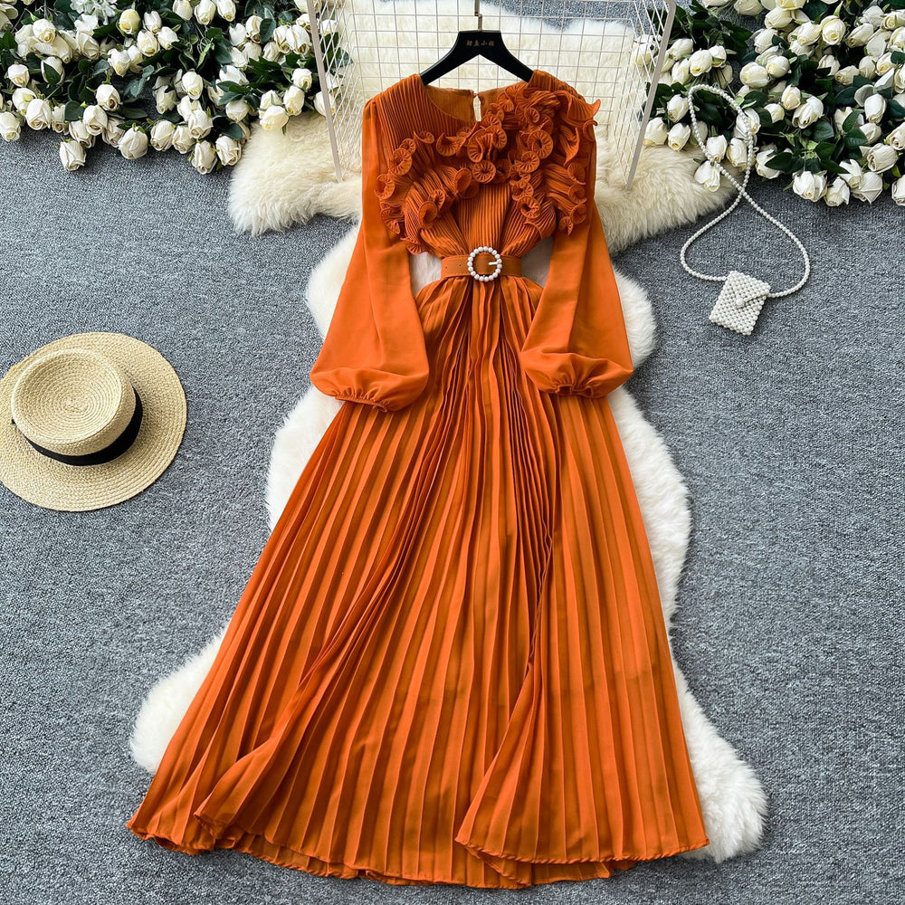 new arrival: exquisite, niche-style pleated dress with 3d lace, lantern sleeves, and tie-waist detail for a slimming and elegant silhouette