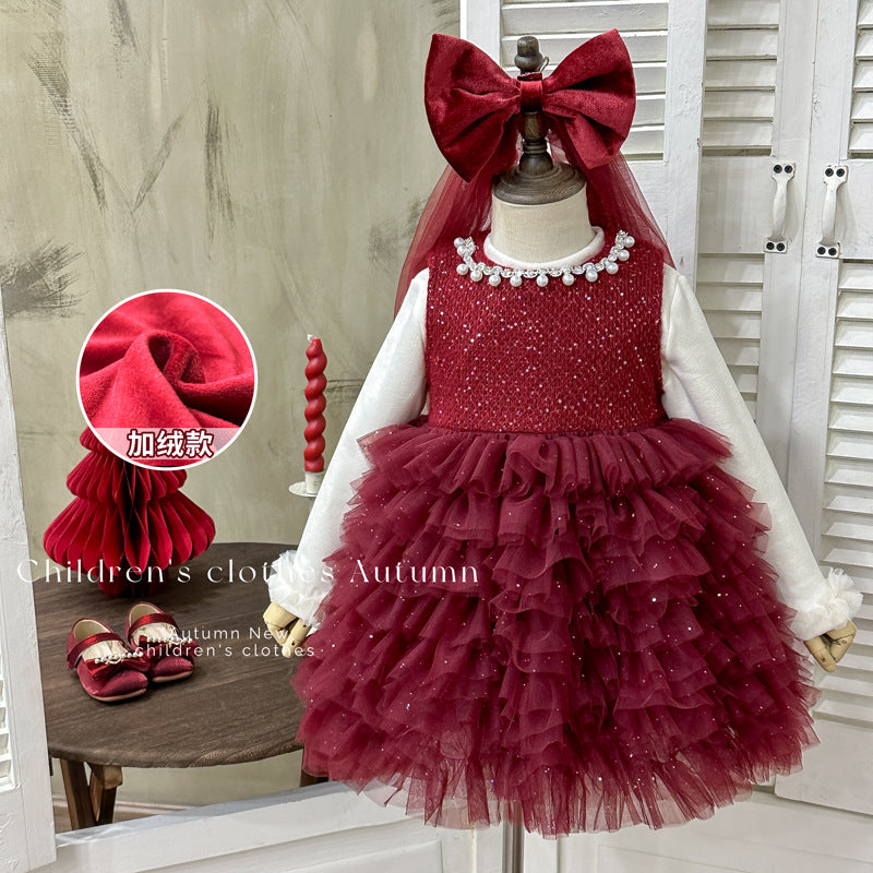 Girls' dress:  winter fashionable pearl red fleece-lined vest cake skirt two-piece set, first birthday outfit
