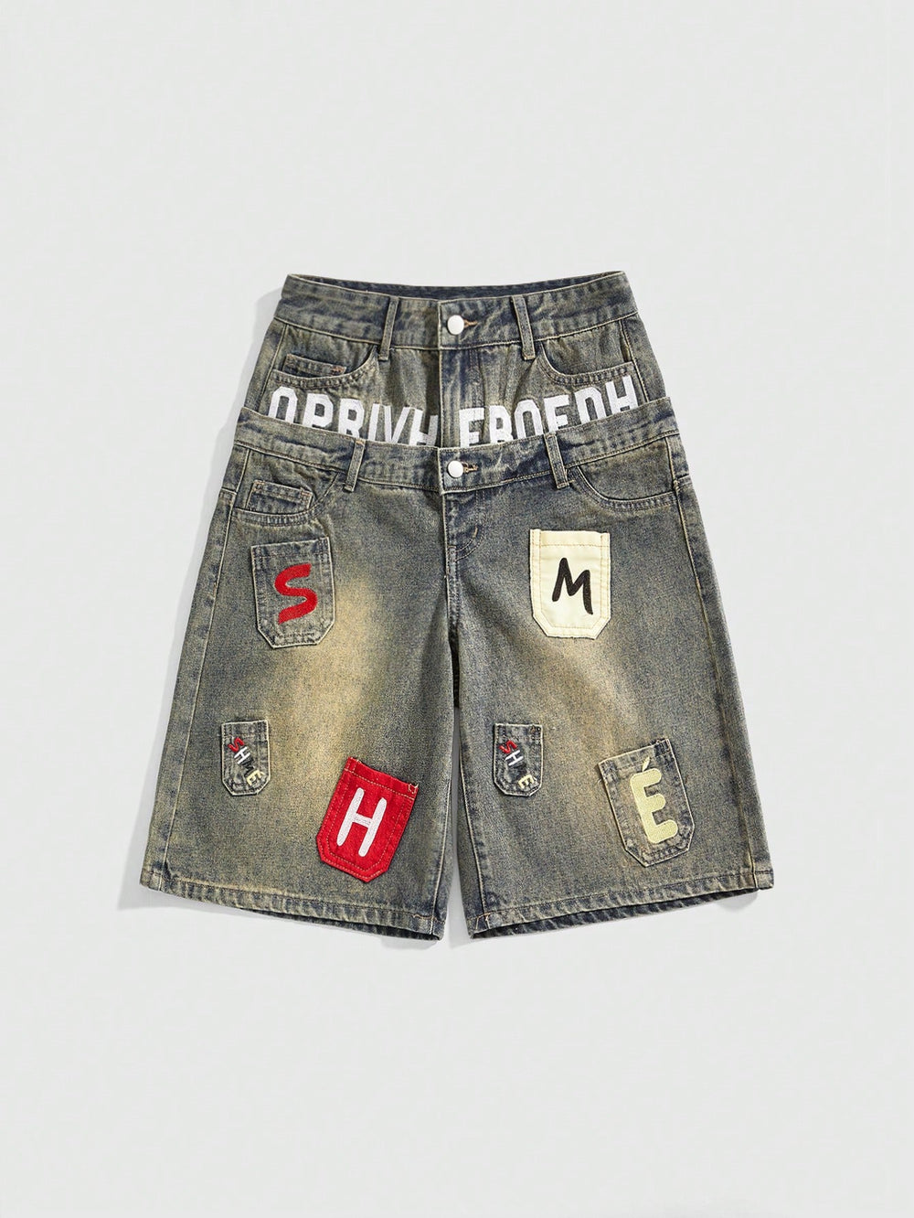 European and american style women's denim shorts - vintage american retro letter patch double-layer waistband loose fit streetwear hip-hop denim shorts