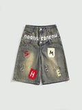 European and american style women's denim shorts - vintage american retro letter patch double-layer waistband loose fit streetwear hip-hop denim shorts