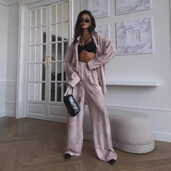 2024 autumn   printing suit women's fashion tie-dye loose shirt long-sleeved trousers two-piece set