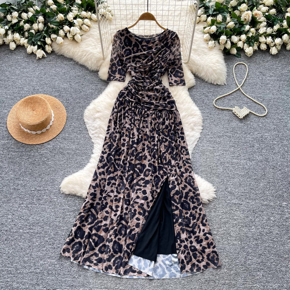 Hepburn style pink a-line slit long sleevesdress women's summer short-sleeved high waist pleated elegantelegance long skirt